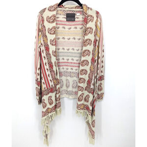 Guinevere Cardigan Women M Ivory Red Cashmere Paisley Boho‎ Fringe Drape Sweater